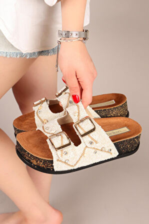 Feles Çift Toka Mantar Taban Taş Detaylı Kadın Terlik