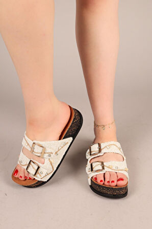 Feles Çift Toka Mantar Taban Taş Detaylı Kadın Terlik