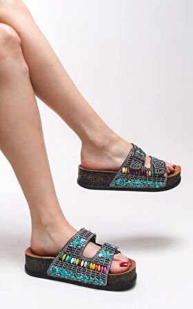 Feles Çift Toka Mantar Taban Taş Detaylı Kadın Terlik