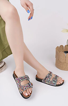 Feles Çift Toka Mantar Taban Taş Detaylı Kadın Terlik