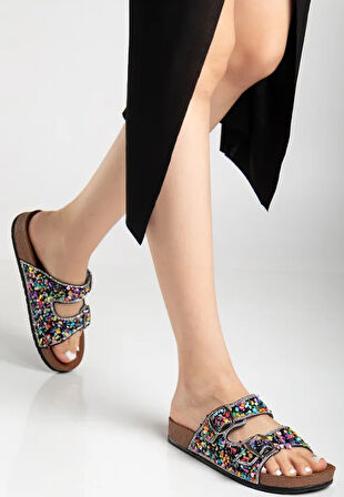 Feles Çift Toka Mantar Taban Taş Detaylı Kadın Terlik