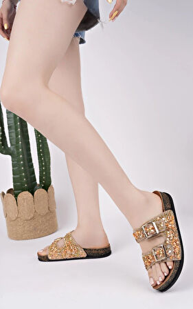 Feles Çift Toka Mantar Taban Taş Detaylı Kadın Terlik