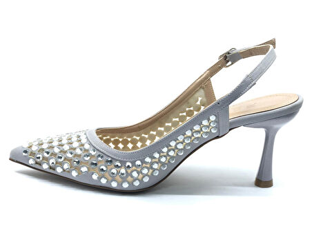 Feles Arkası Açık Zümrüt Taş Detaylı Stiletto Kadın Ayakkabı