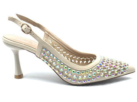 Feles Arkası Açık Zümrüt Taş Detaylı Stiletto Kadın Ayakkabı