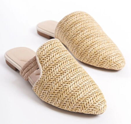 Feles İnce Taban Hasır Detaylı Kadın Terlik