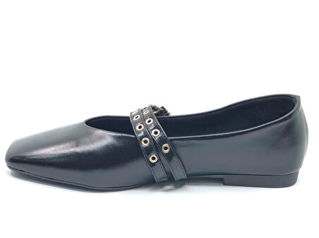 Feles Çift Kemer Detaylı Küt Burun Kadın Babet Ayakkabı