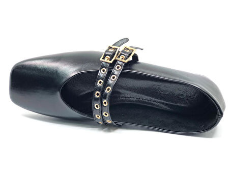 Feles Çift Kemer Detaylı Küt Burun Kadın Babet Ayakkabı