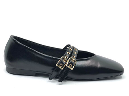 Feles Çift Kemer Detaylı Küt Burun Kadın Babet Ayakkabı