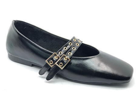 Feles Çift Kemer Detaylı Küt Burun Kadın Babet Ayakkabı