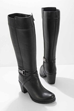 Ayakdaş Diz Altı Tokalı Topuklu Hakiki Deri  Kadın Çizme