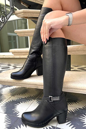 Ayakdaş Diz Altı Tokalı Topuklu Hakiki Deri  Kadın Çizme