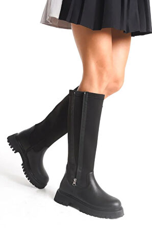 Feles Binici Düz Taban Streç Çift Fermuarlı  Kadın Çizme