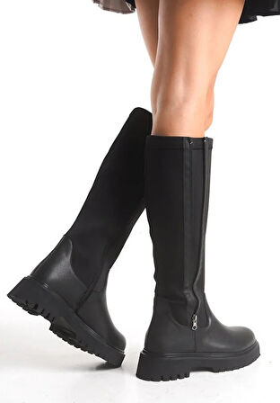 Feles Binici Düz Taban Streç Çift Fermuarlı  Kadın Çizme