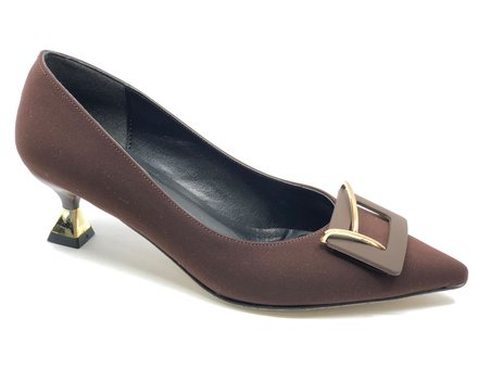 Feles Saten Kare Toka Detaylı Kısa Topuklu Stiletto Kadın Ayakkabı