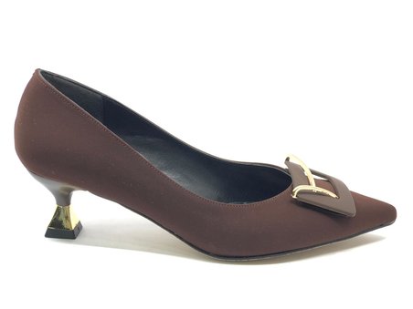 Feles Saten Kare Toka Detaylı Kısa Topuklu Stiletto Kadın Ayakkabı