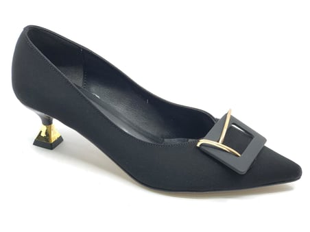 Feles Saten Kare Toka Detaylı Kısa Topuklu Stiletto Kadın Ayakkabı