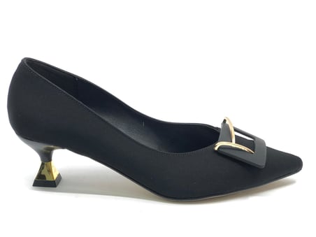 Feles Saten Kare Toka Detaylı Kısa Topuklu Stiletto Kadın Ayakkabı