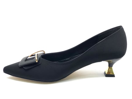 Feles Saten Kare Toka Detaylı Kısa Topuklu Stiletto Kadın Ayakkabı