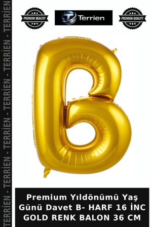 Premium Yıldönümü Yaş Günü Davet B- HARF 16 İNC GOLD RENK BALON 36 CM