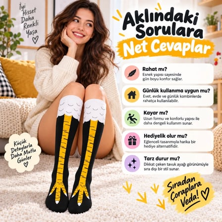 Kadın Diz Üstü Tavuk Ayağı 3'lü Desenli Çorap Siyah Sarı Uzun Eğlenceli Kostüm Parti Günlük Çorabı Modeli