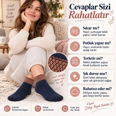 Kadın Simli 3'lü Bilek Patik Çorap | Dikişsiz Havlu Yapı, Yumuşak Konforlu Günlük Çorap