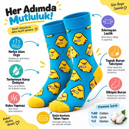 Renkli Civciv Desenli Unisex Soket Çorap | Yumuşak, Esnek ve Konforlu Günlük Kullanım 6'lı Set