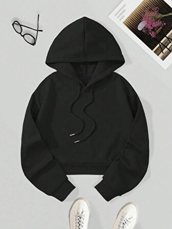 Kadın Basic Kapüşonlu Crop İçi Polarlı Oversize Sweatshirt
