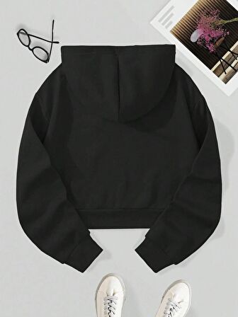 Kadın Basic Kapüşonlu Crop İçi Polarlı Oversize Sweatshirt