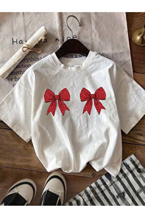 Kadın Christmas Yıllbaşı Glittering Bow Baskılı Oversize T-Shirt