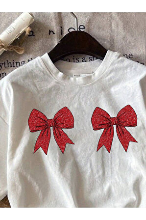 Kadın Christmas Yıllbaşı Glittering Bow Baskılı Oversize T-Shirt