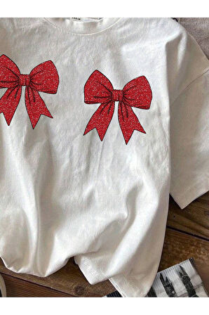 Kadın Christmas Yıllbaşı Glittering Bow Baskılı Oversize T-Shirt