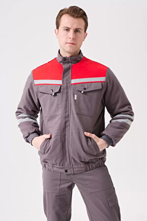 Kışlık İş Montu GriKırmızı Reflektörlü Gabardin Royal Mont İçi Kapitoneli Sıcak Tutan