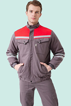 Kışlık İş Montu GriKırmızı Reflektörlü Gabardin Royal Mont İçi Kapitoneli Sıcak Tutan