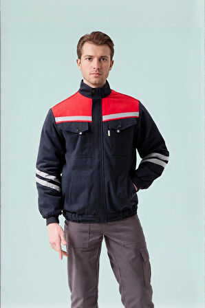 Kışlık İş Montu GriKırmızı Reflektörlü Gabardin Royal Mont İçi Kapitoneli Sıcak Tutan