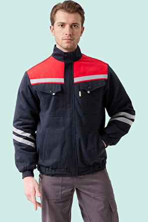 Kışlık İş Montu GriKırmızı Reflektörlü Gabardin Royal Mont İçi Kapitoneli Sıcak Tutan