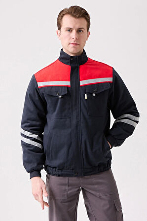 Kışlık İş Montu GriKırmızı Reflektörlü Gabardin Royal Mont İçi Kapitoneli Sıcak Tutan