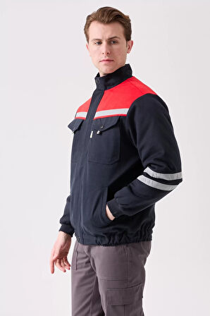 Kışlık İş Montu GriKırmızı Reflektörlü Gabardin Royal Mont İçi Kapitoneli Sıcak Tutan