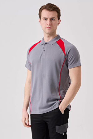 Polo Yaka Tişört GriKırmızı Detaylar İş Güvenliği Vancelya shirt Nefes Alabilir Şık Rahat Günlük