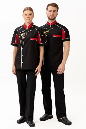 Aşçı Ceketi Kisa Kollu SiyahKırmızı 75 Polyester Evereste Şef Nefes Alabilir Hafif Şık Tasarım