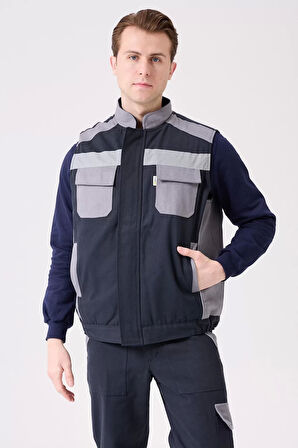 Kışlık Gabardin İş Yeleği GriLacivert Su Geçirmez Urtica Outdoor Yelek Sıcak Tutucu Suya