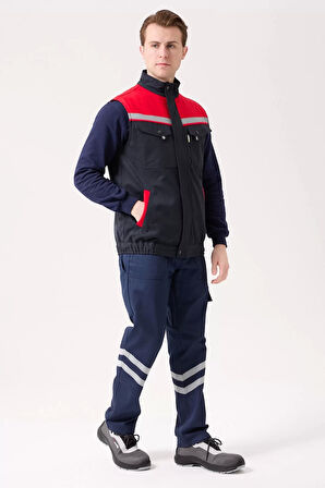 Kışlık İş Yeleği GriKırmızı Gabardin Çok Cepli Royal Sıcak Tutucu Rüzgar Geçirmez Reflektörlü