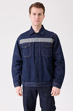 Erkek Denim ISG Mont Koyu Reflektör Detaylı CE Tulipa Kot İş Güvenliği Reflektörlü Ceket