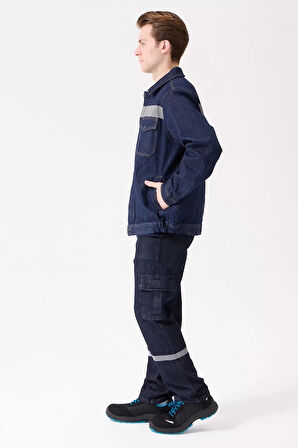 Erkek Denim ISG Mont Koyu Reflektör Detaylı CE Tulipa Kot İş Güvenliği Reflektörlü Ceket