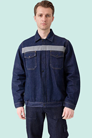 Erkek Denim ISG Mont Koyu Reflektör Detaylı CE Tulipa Kot İş Güvenliği Reflektörlü Ceket