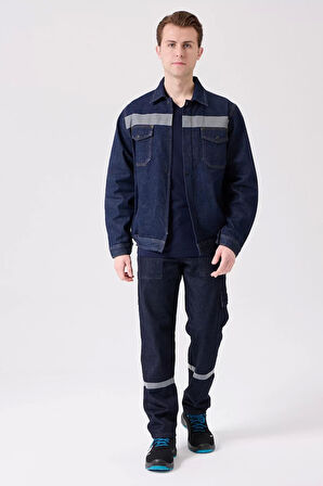 Erkek Denim ISG Mont Koyu Reflektör Detaylı CE Tulipa Kot İş Güvenliği Reflektörlü Ceket