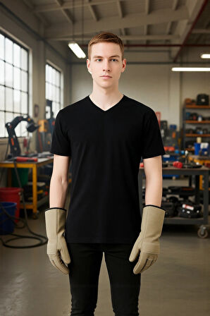 Erkek Siyah V Yaka Kısa Kollu Nefes Alabilir Pamuklu Düz T-Shirt