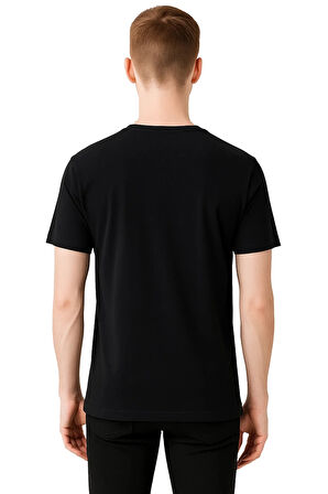 Erkek Siyah V Yaka Kısa Kollu Nefes Alabilir Pamuklu Düz T-Shirt