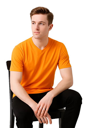 Erkek Turuncu V Yaka Kısa Kollu Pamuklu Rahat Kesim Hafif Yazlık Günlük Tshirt