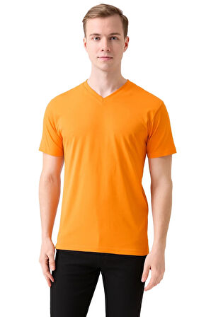 Erkek Turuncu V Yaka Kısa Kollu Pamuklu Rahat Kesim Hafif Yazlık Günlük Tshirt