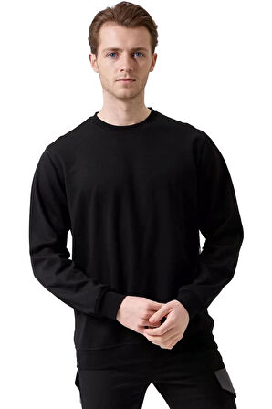 Erkek Siyah O Yaka Sweatshirt Basic Tasarım Rahat Kesim Konforlu Kışlık Üç İplik